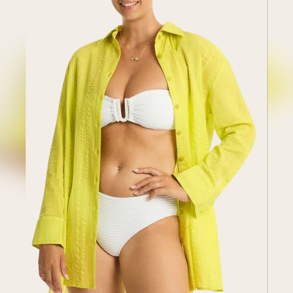 NWT SEA LEVEL SWIM AUSTRALIA Heatwave Cover Up Shirt In Citron Shimmer Small New - Picture 9 of 11